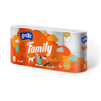 Tualetes papīrs Grite FAMILY balti, 3 slāņu, 8 gb.